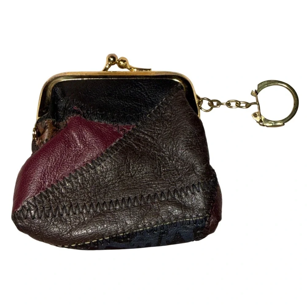 Vintage Boho Patchwork Leather Coin Purse Kiss Lock Keychain Bag Charm Retro